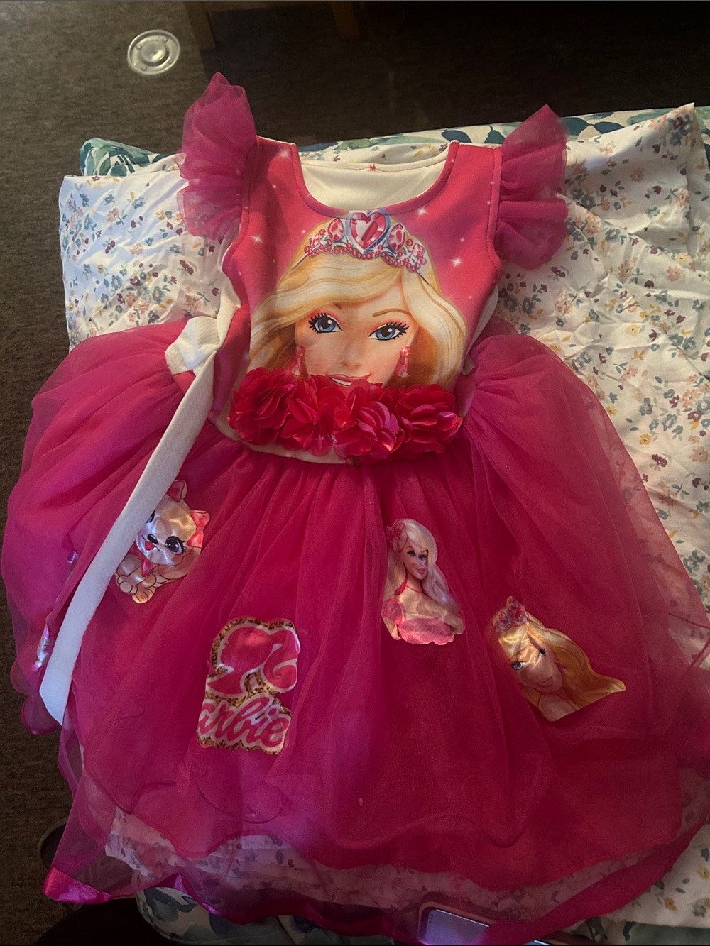 Barbie Hot Pink Tulle Princess Dress with Floral Waistband